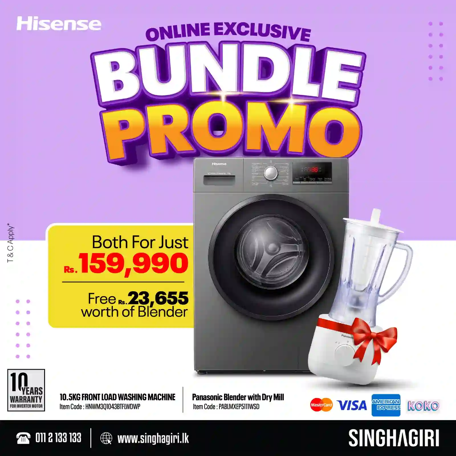 Hisense 10.5kg Wash &amp; Dry Inverter Washing Machine + Panasonic 1.5L Blender